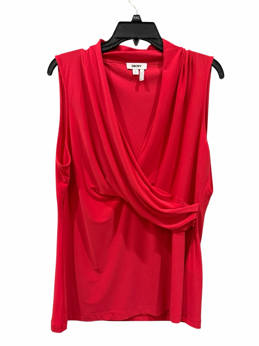 DKNY Sleeveless Surplice Faux Wrap Stretch V-Neck Draped Knit Top Red XL NEW - Picture 3 of 11